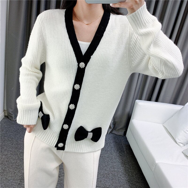 Women Cardigans Patchwork V-Neck Bow Loose Knitted Sweater Spring Autumn Long Sleeve Coat Casual Knitwear