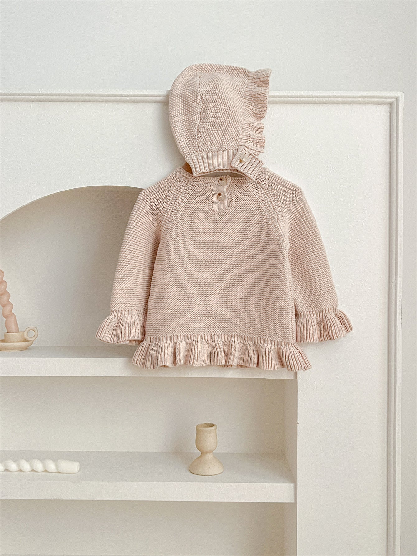 Simple Infant Baby Girls Knitted Long Flared Sleeves Pullover Sweater And Hat Set