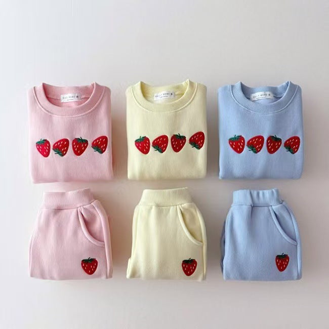 Autumn Baby Kids Unisex Casual Strawberry Embroidered Pattern Long Sleeves Top Pullover and Pants Clothing Set