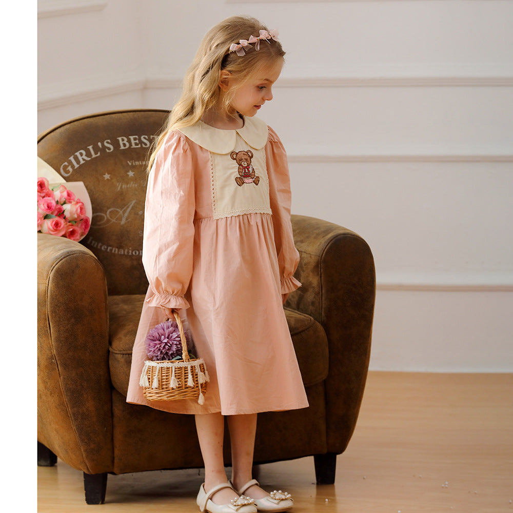 Arrival Autumn Girls Pink Long Sleeves Dress with Teddy Embroidery Pattern