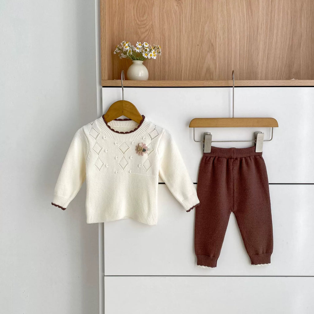 Arrival Autumn Baby Girls Long Sleeves Geometric Pattern Knitted Top Sweater and Long Trousers Clothing Set