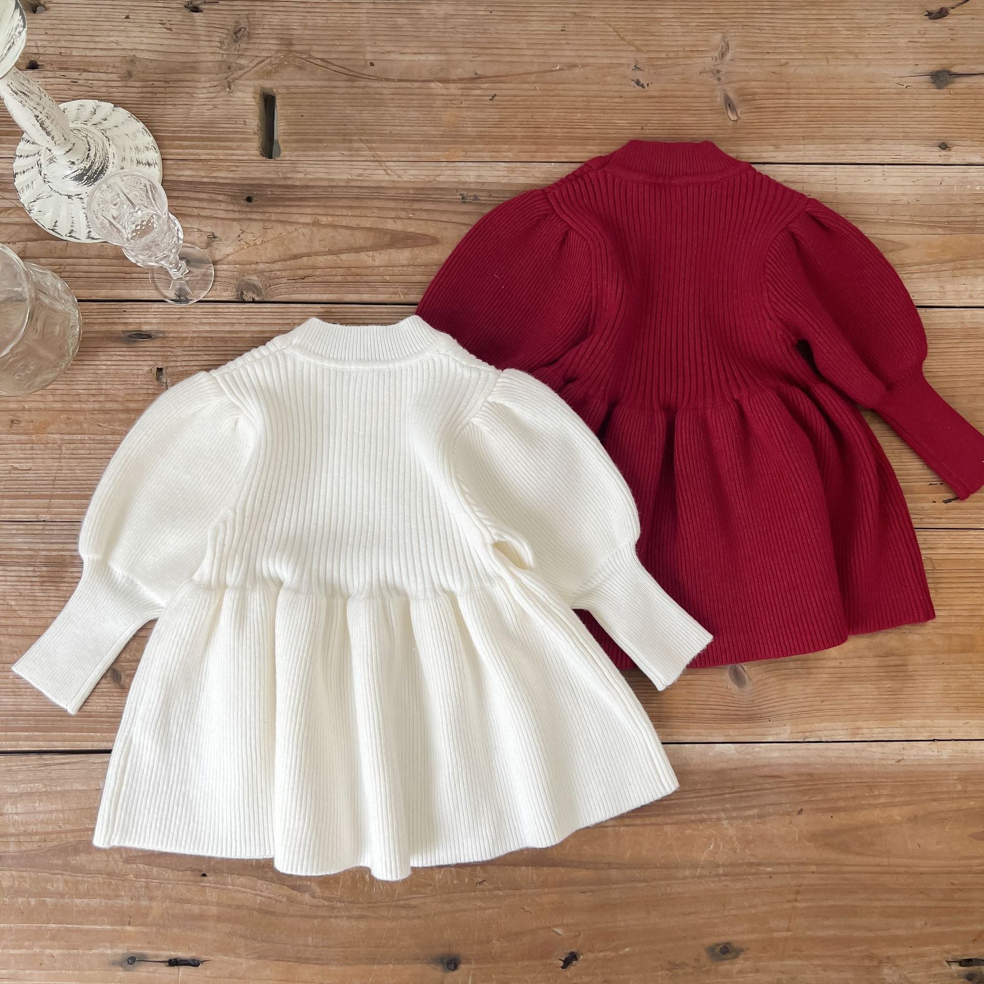 Baby Girl Solid Lantern-Sleeved Knitting Dress In Autumn