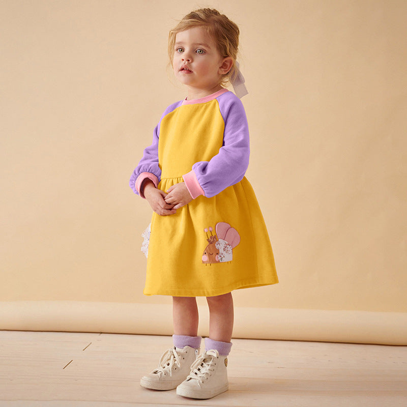 Autumn and Winter Arrival Cartoon Pattern Color Patchwork Long Sleeves Crew Neck Dress for Stylish Girls