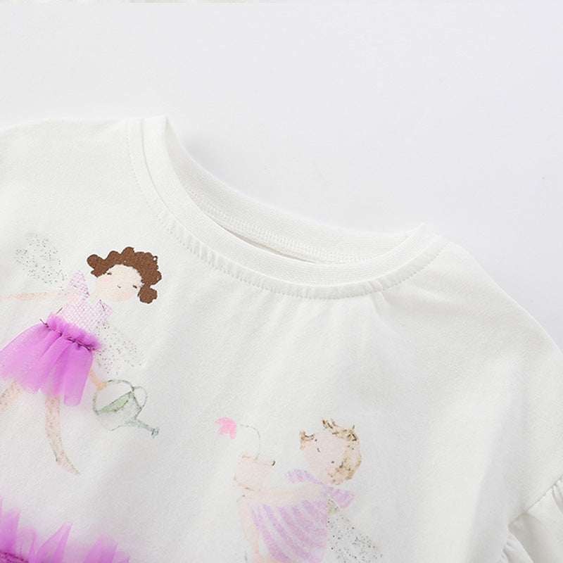 Summer Arrival Cartoon Pattern Fly Sleeves Tulle Patchwork Dress for Stylish Girls