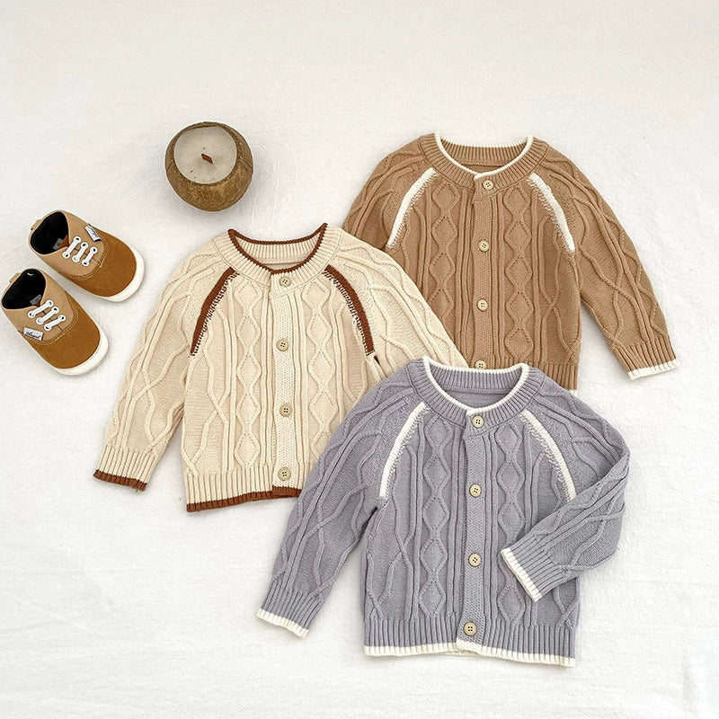 Arrival Autumn Baby Unisex Long Sleeves Geometric Jacquard Pattern Knitted Top Cardigan Sweater
