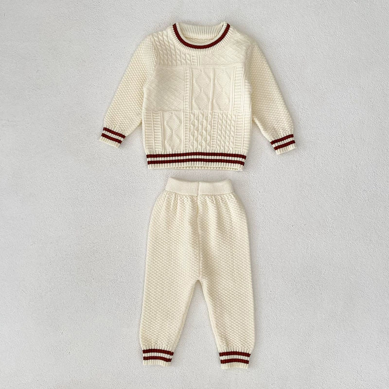 Arrival Autumn Baby Unisex Long Sleeves Geometric Jacquard Pattern Knitted Top Sweater and Long Trousers Clothing Set