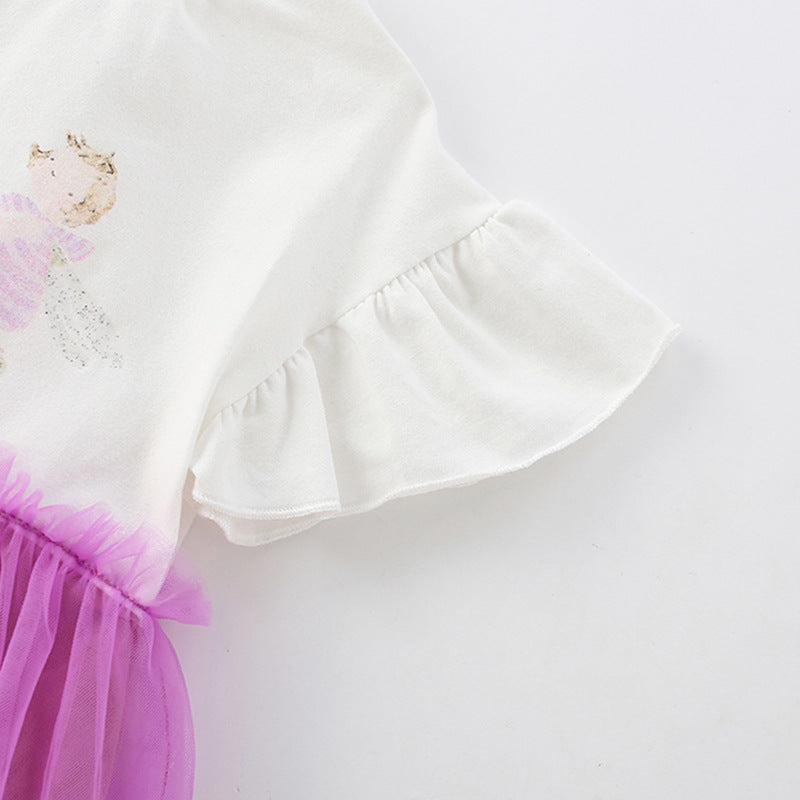 Summer Arrival Cartoon Pattern Fly Sleeves Tulle Patchwork Dress for Stylish Girls