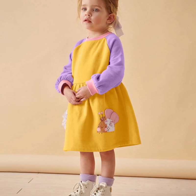 Autumn and Winter Arrival Cartoon Pattern Color Patchwork Long Sleeves Crew Neck Dress for Stylish Girls