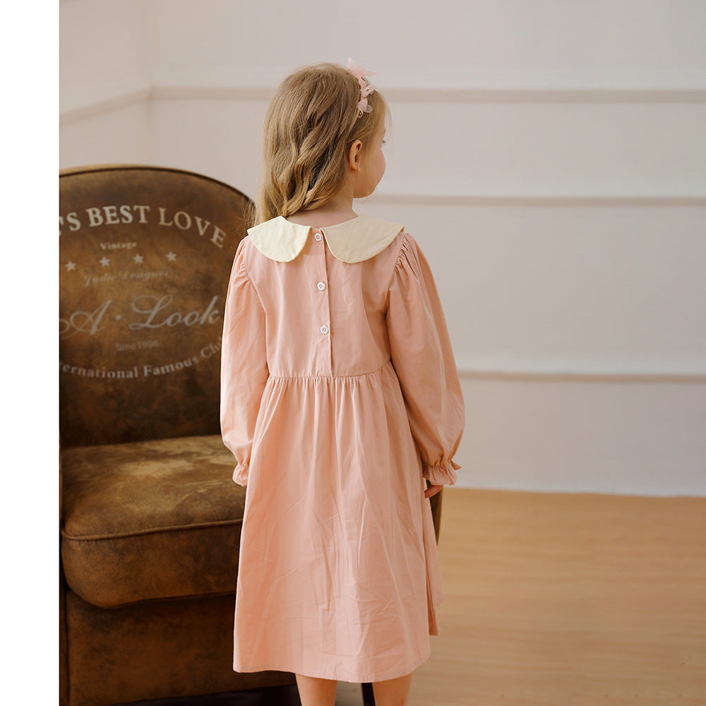 Arrival Autumn Girls Pink Long Sleeves Dress with Teddy Embroidery Pattern