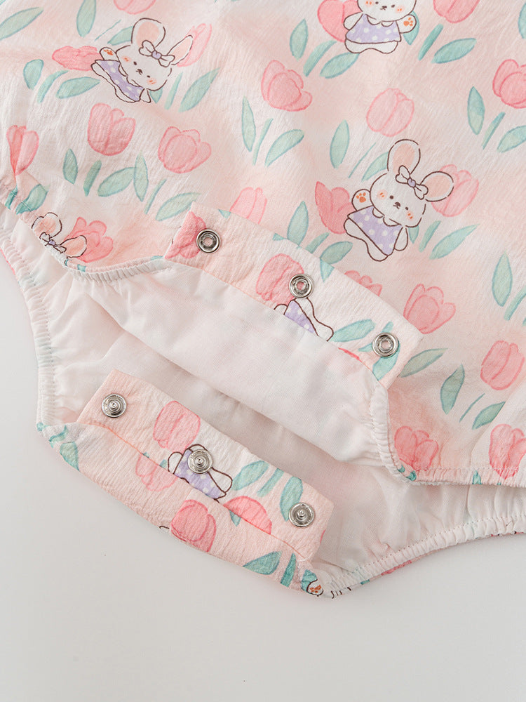 Autumn Arrival Baby Girls Flowers and Rabbits Pattern Long Sleeves Onesies with Stand Collar