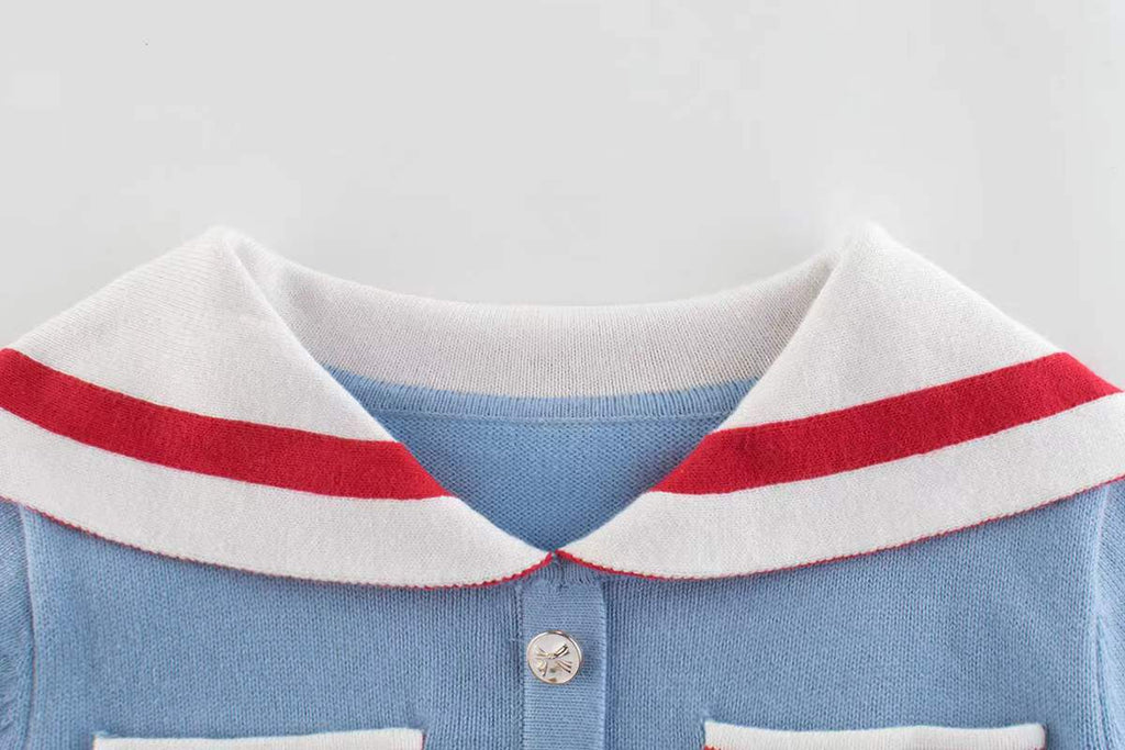 Girls Navy Collar Top Combo Skirt Knitwear Sets