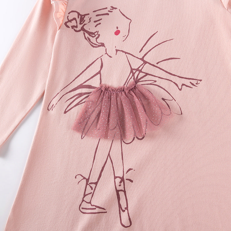 Autumn and Spring Arrival Tulle Decorated Fairy Cartoon Pattern Long Sleeves Dress for Stylish Girls