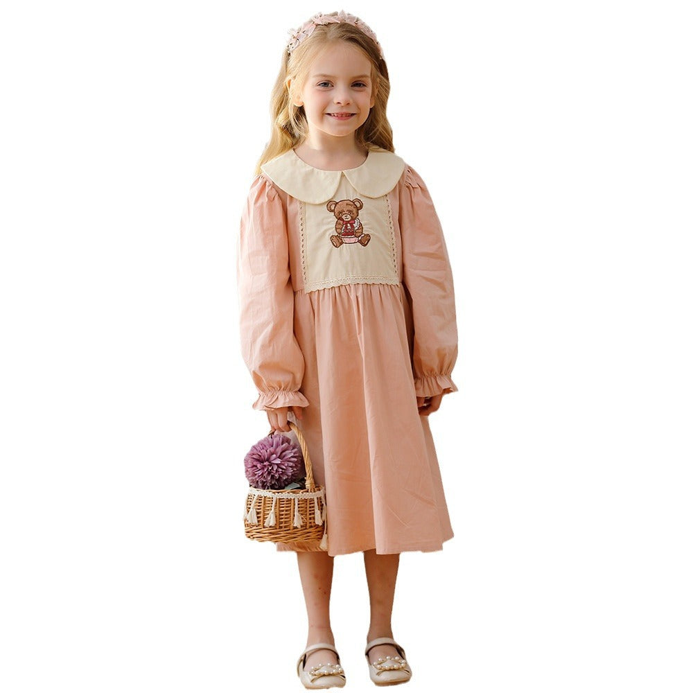 Arrival Autumn Girls Pink Long Sleeves Dress with Teddy Embroidery Pattern