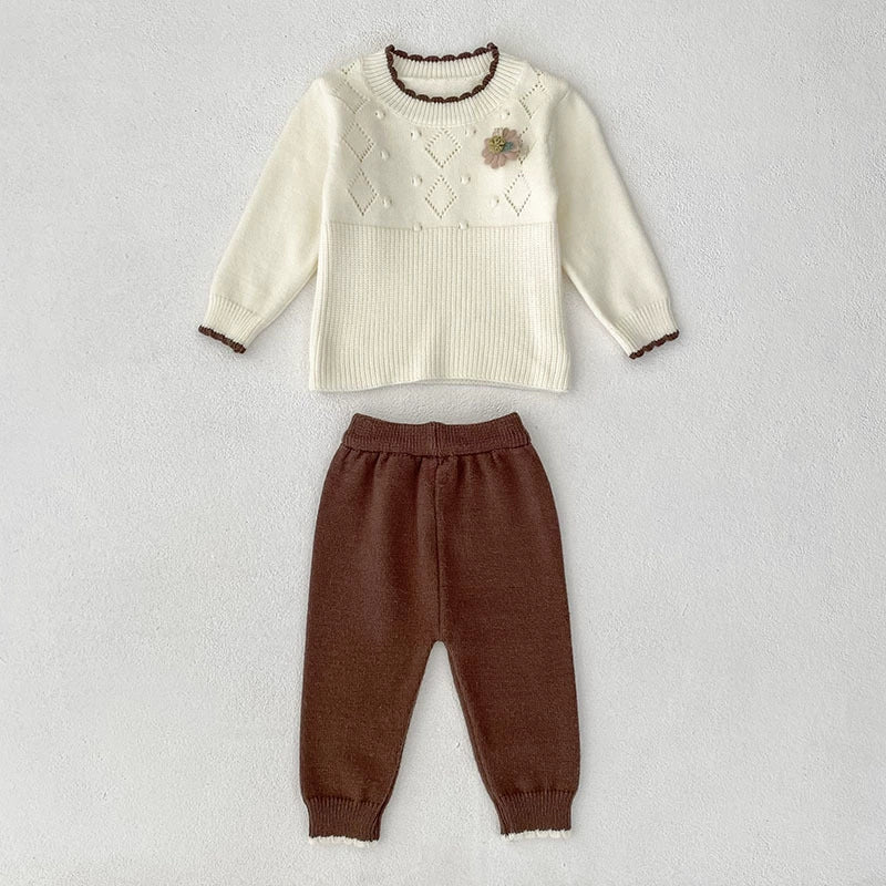 Arrival Autumn Baby Girls Long Sleeves Geometric Pattern Knitted Top Sweater and Long Trousers Clothing Set