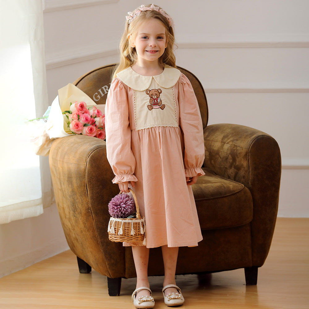 Arrival Autumn Girls Pink Long Sleeves Dress with Teddy Embroidery Pattern