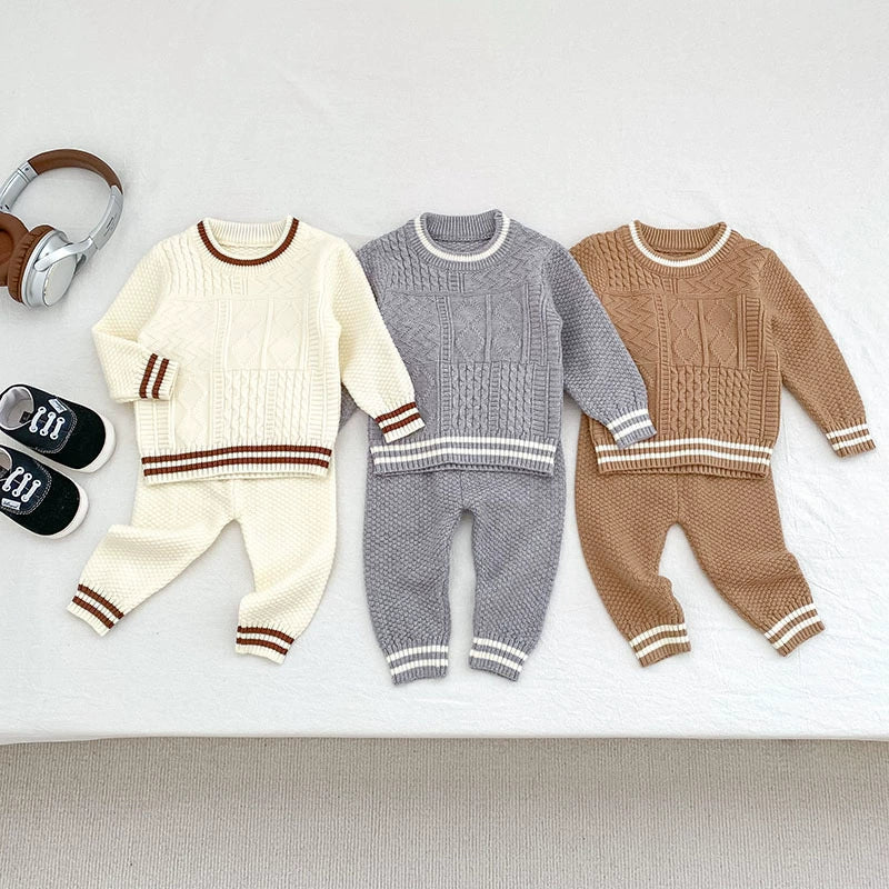Arrival Autumn Baby Unisex Long Sleeves Geometric Jacquard Pattern Knitted Top Sweater and Long Trousers Clothing Set