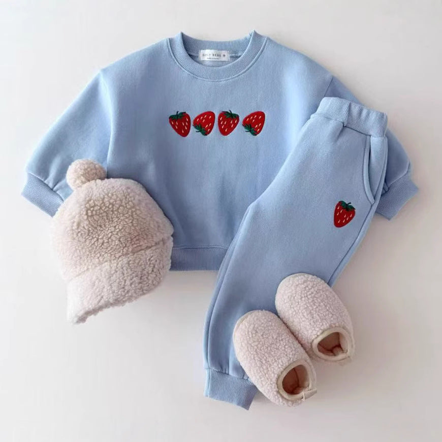 Autumn Baby Kids Unisex Casual Strawberry Embroidered Pattern Long Sleeves Top Pullover and Pants Clothing Set