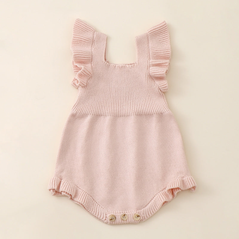 Summer New Arrival Baby Girls Solid Color Fly Sleeves Square Neck Knitted Onesies