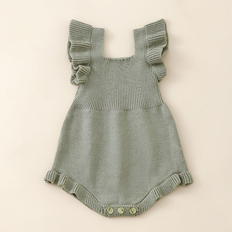 Summer New Arrival Baby Girls Solid Color Fly Sleeves Square Neck Knitted Onesies