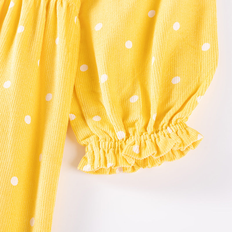 Autumn and Spring Arrival Princess Dots Pattern Long Sleeves Corduroy Dress for Stylish Girls