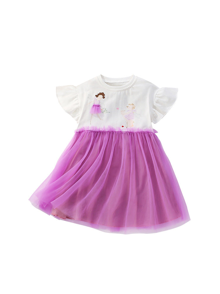 Summer Arrival Cartoon Pattern Fly Sleeves Tulle Patchwork Dress for Stylish Girls