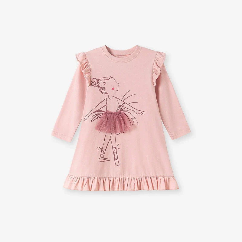 Autumn and Spring Arrival Tulle Decorated Fairy Cartoon Pattern Long Sleeves Dress for Stylish Girls