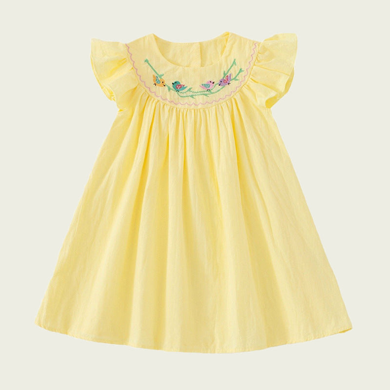 Summer Baby Kids Girls Sleeveless Birds Embroidery Yellow Dress