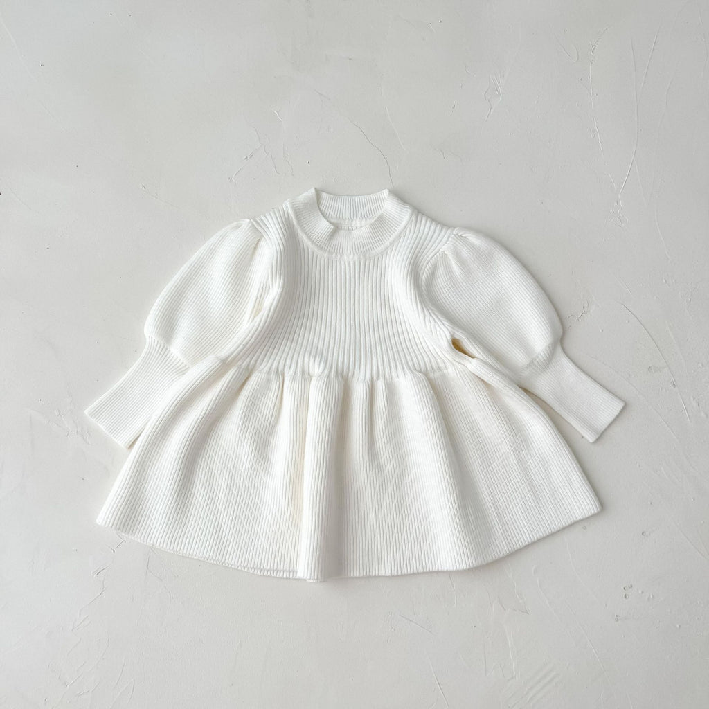 Baby Girl Solid Lantern-Sleeved Knitting Dress In Autumn