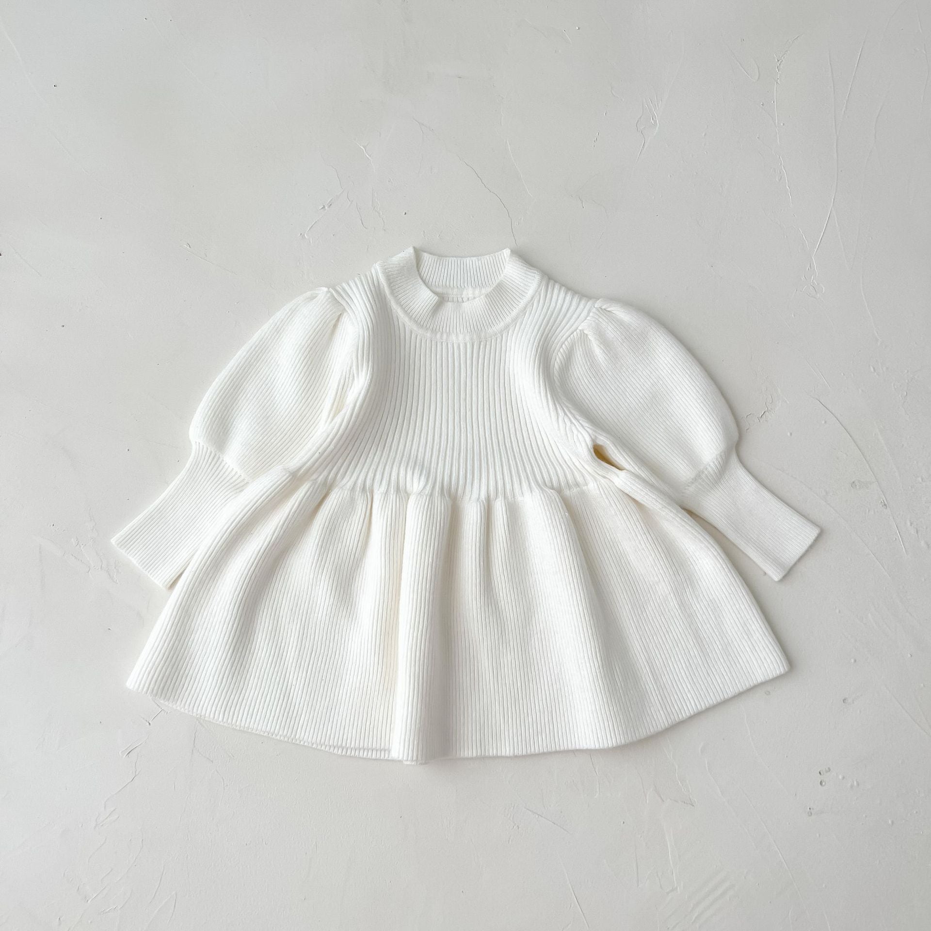 Baby Girl Solid Lantern-Sleeved Knitting Dress In Autumn