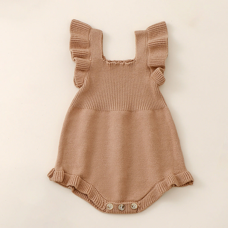 Summer New Arrival Baby Girls Solid Color Fly Sleeves Square Neck Knitted Onesies