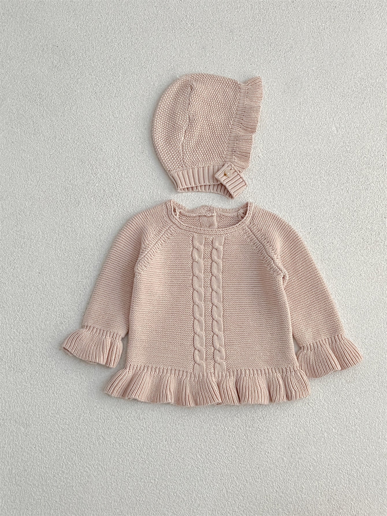 Simple Infant Baby Girls Knitted Long Flared Sleeves Pullover Sweater And Hat Set
