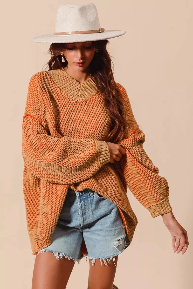 SO ME Oversized Two Tone Textured V Neck Sweater