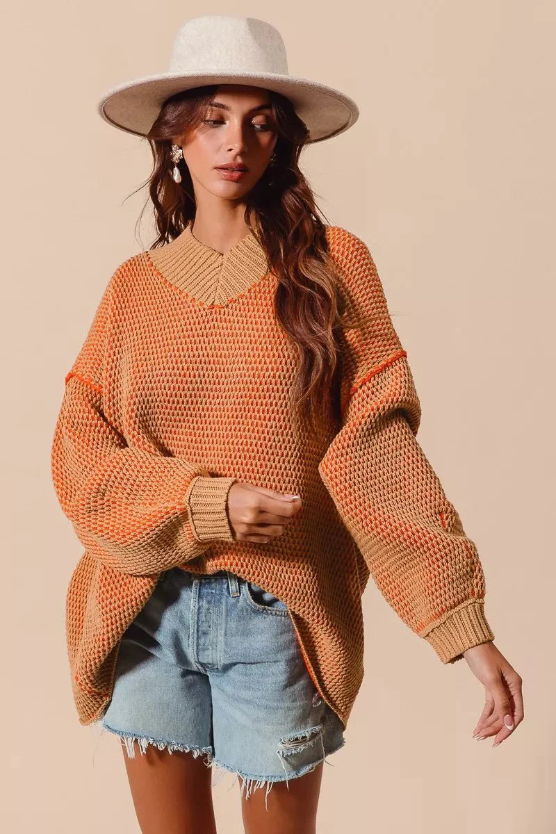 SO ME Oversized Two Tone Textured V Neck Sweater