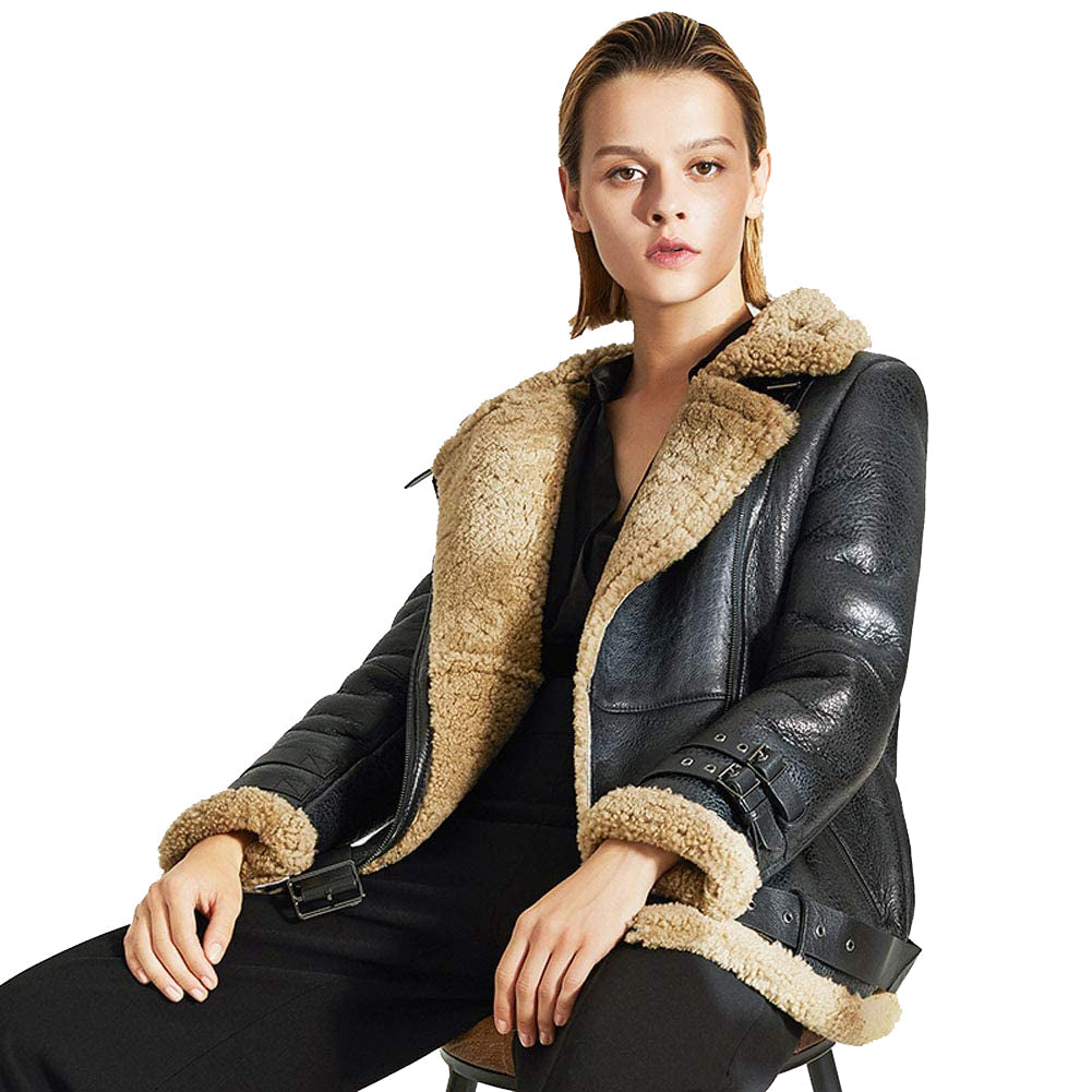 Womens Sheepskin Shearling Jacket B-3 Bomber Jacket - L