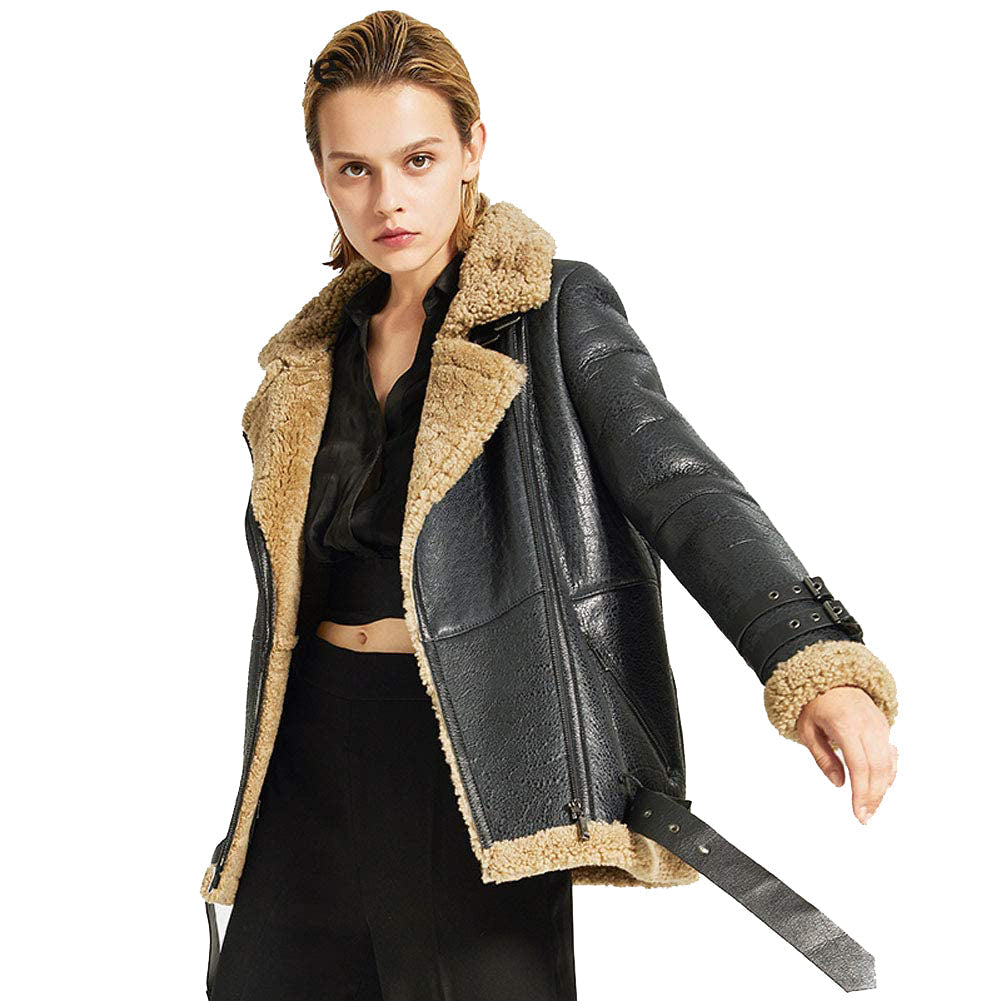 Womens Sheepskin Shearling Jacket B-3 Bomber Jacket - M